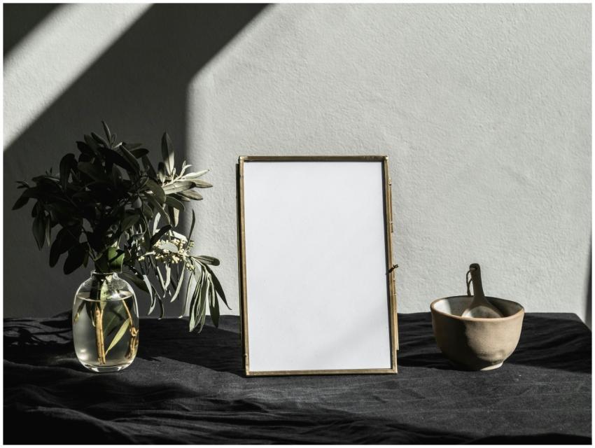 A minimalistic still life featuring a blank frame,