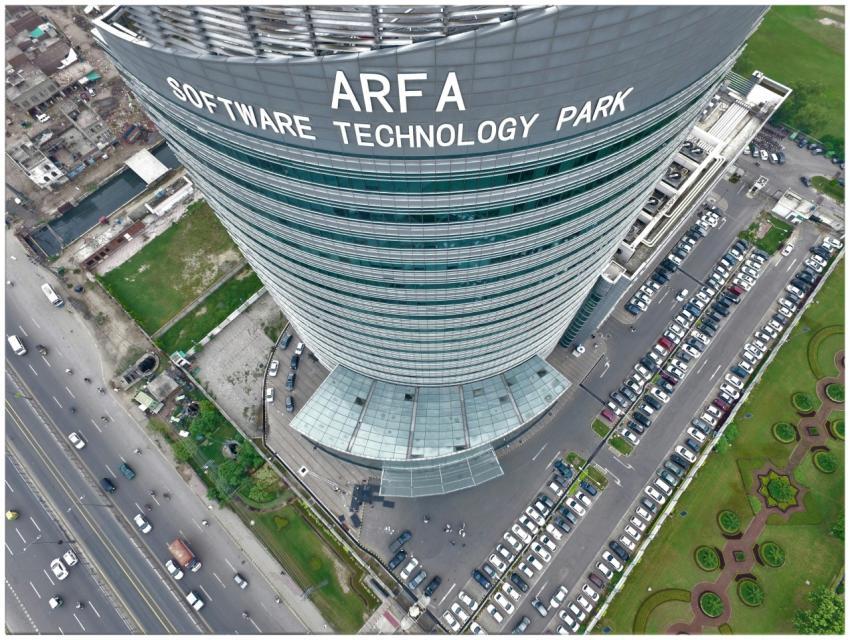 Drone shot of Arfa Software Technology Park skyscr