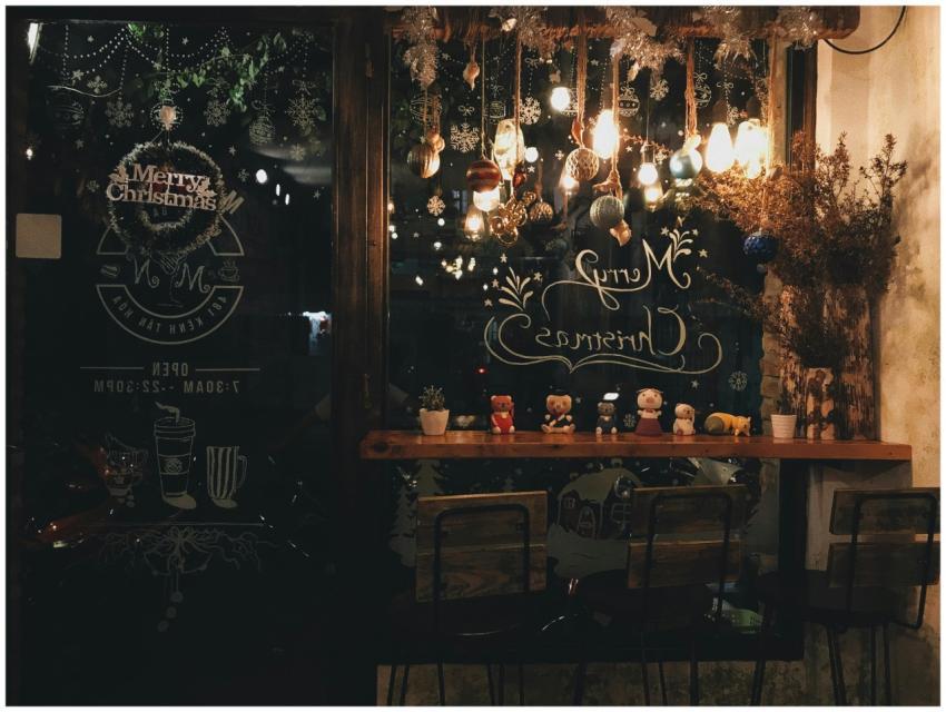 Warm and festive cafe interior with elegant Christ