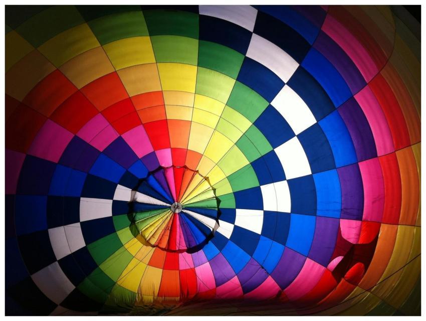 Vibrant interior shot of a colorful hot air balloo