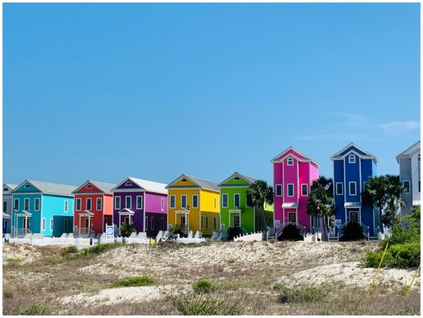 Colorful row of beach houses under a clear blue sk