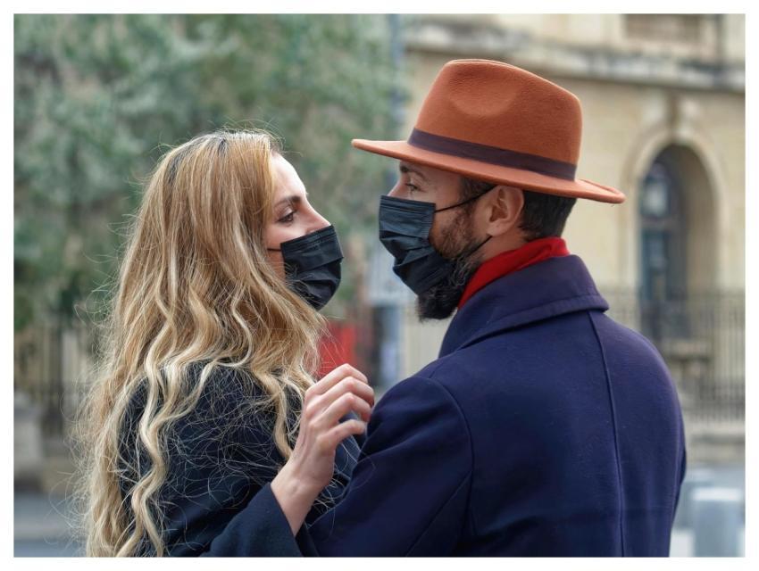Couple Face Masks Outdoors Young