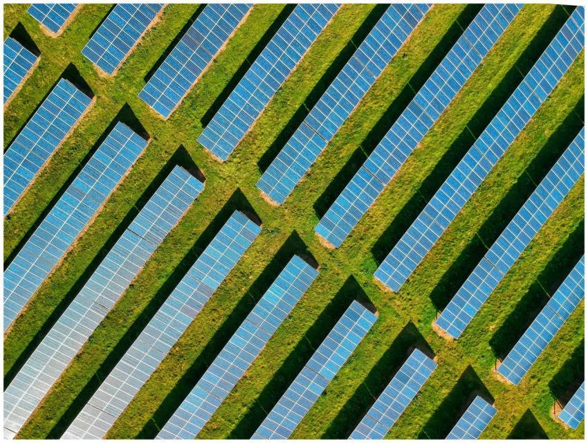 High-angle aerial shot of solar panels in a lush g