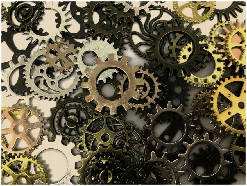 Close-up view of various interlocking gears showca