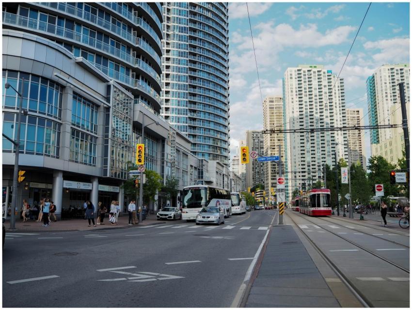 Vibrant street view of Toronto with skyscrapers, t