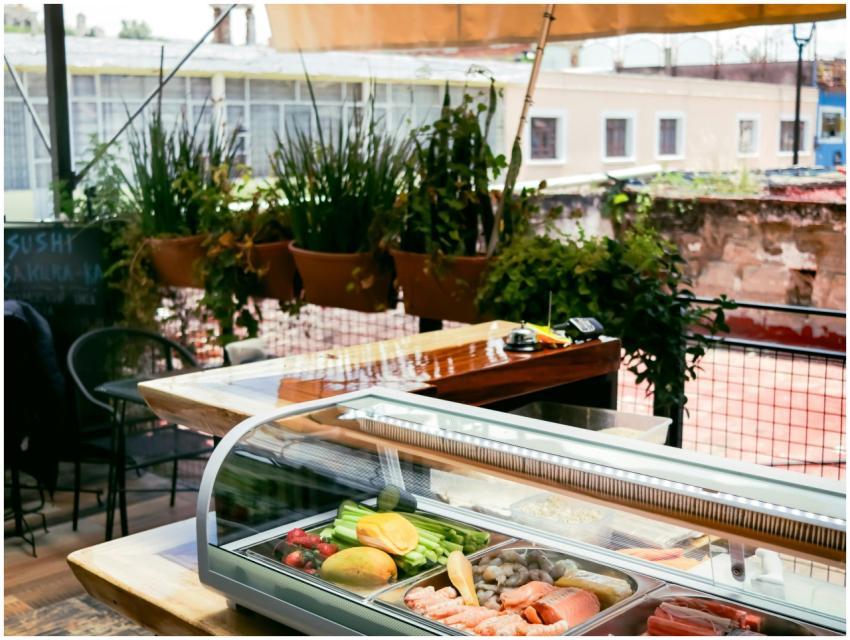 Capture of an outdoor sushi bar showcasing fresh s