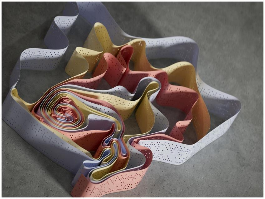 Multicolored ribbons create a flowing abstract des