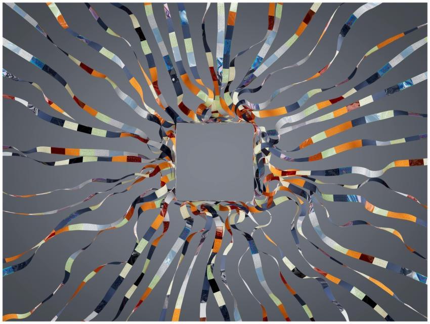 Vivid 3D rendering of dynamic colorful ribbons for