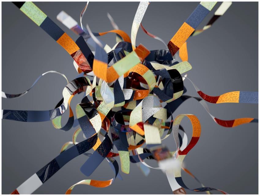 Colorful 3D ribbons swirl in a dynamic, abstract d