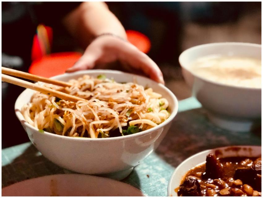 Close-up of a delicious Asian noodle bowl with bea