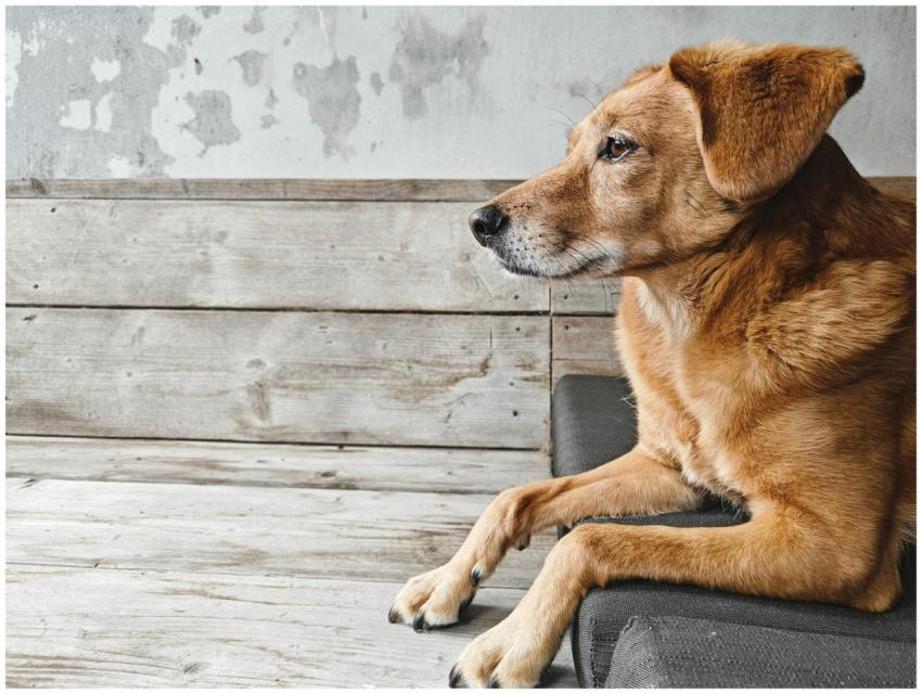 A calm and relaxed dog sitting indoors on a rustic