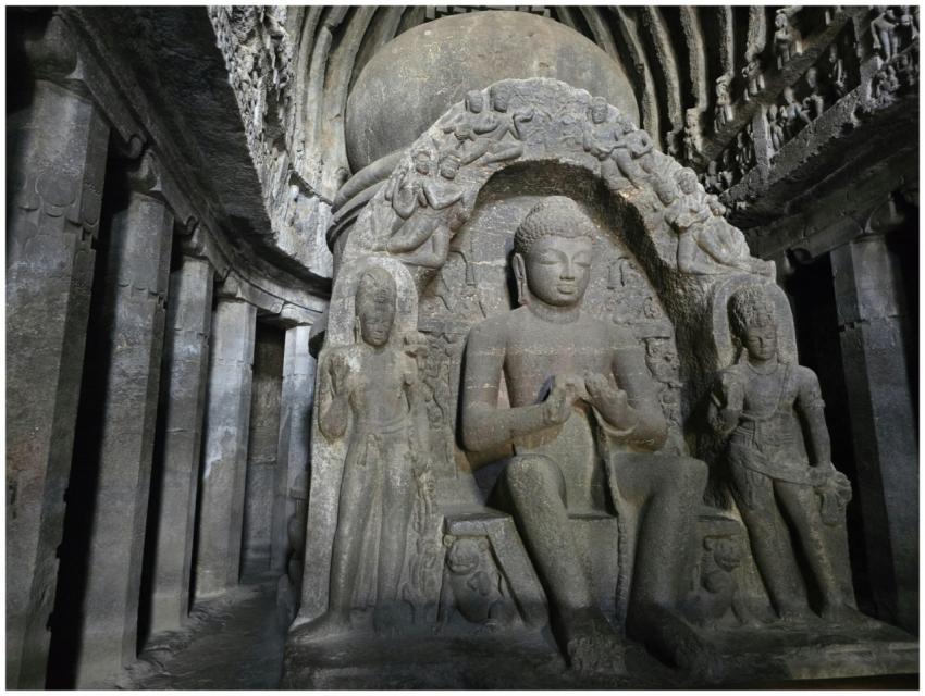 Stone carvings of Buddha and deities in an ancient