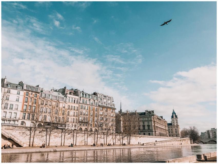 A scenic view of historic buildings lining the riv