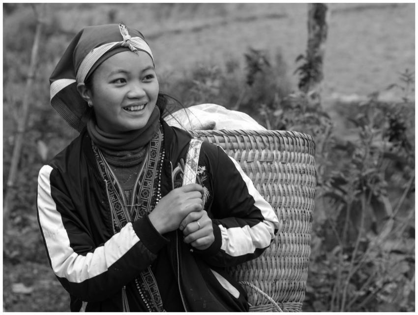 Black and white portrait of an ethnic woman wearin