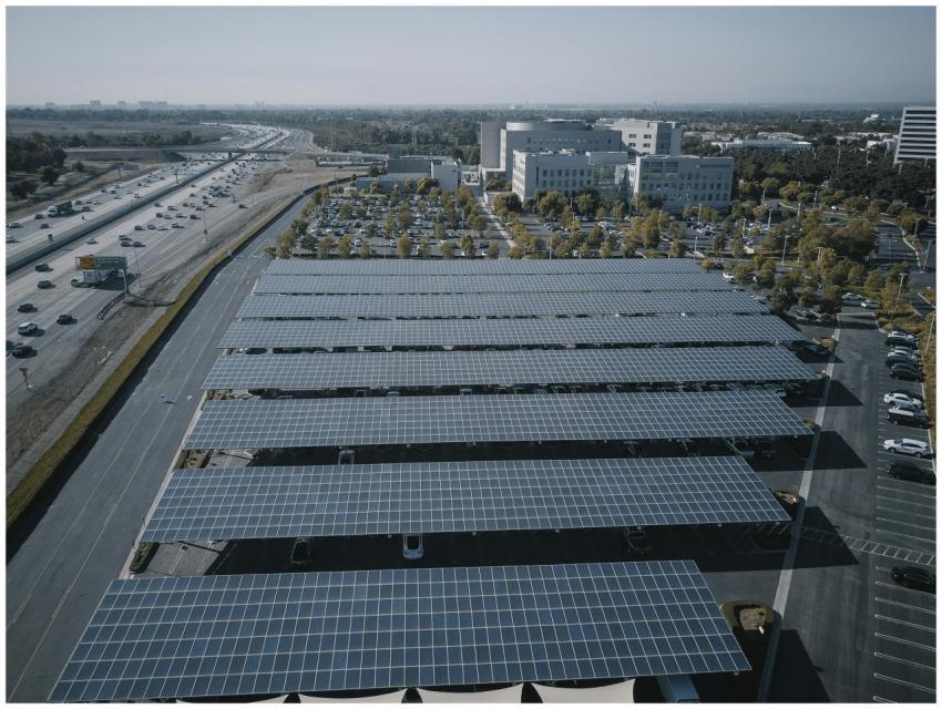 Aerial view of extensive solar panels in an urban