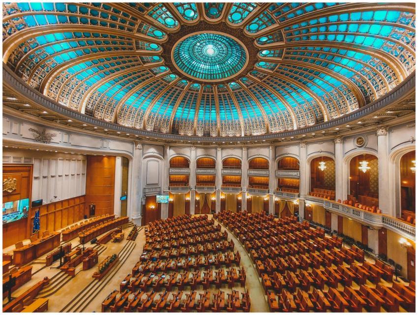 Vibrant interior of a parliament hall with a grand
