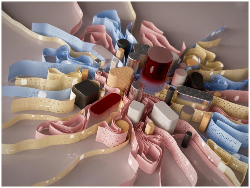 Artistic arrangement of ribbons and containers in