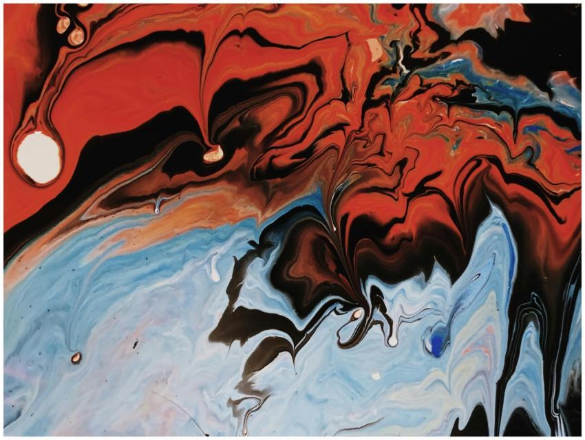 Dynamic abstract acrylic artwork featuring bold re