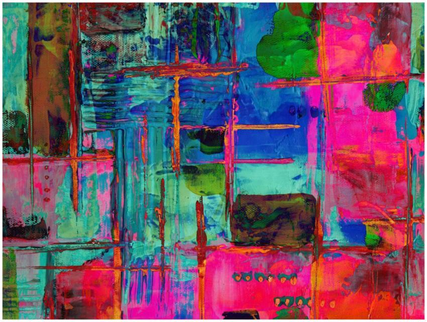 Colorful abstract acrylic painting with vivid text