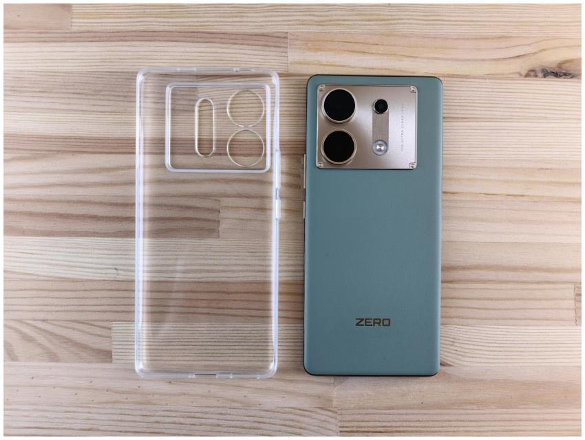 A sleek smartphone and clear case on a wooden surf