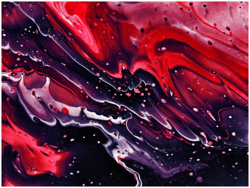 Dynamic abstract painting with red, black, and pur