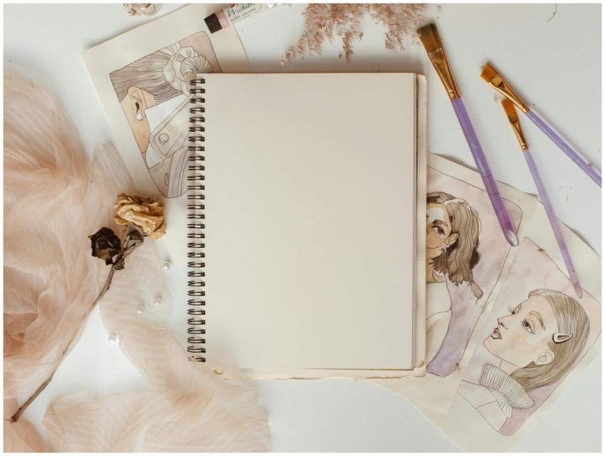 Creative flat lay of art supplies with a blank not