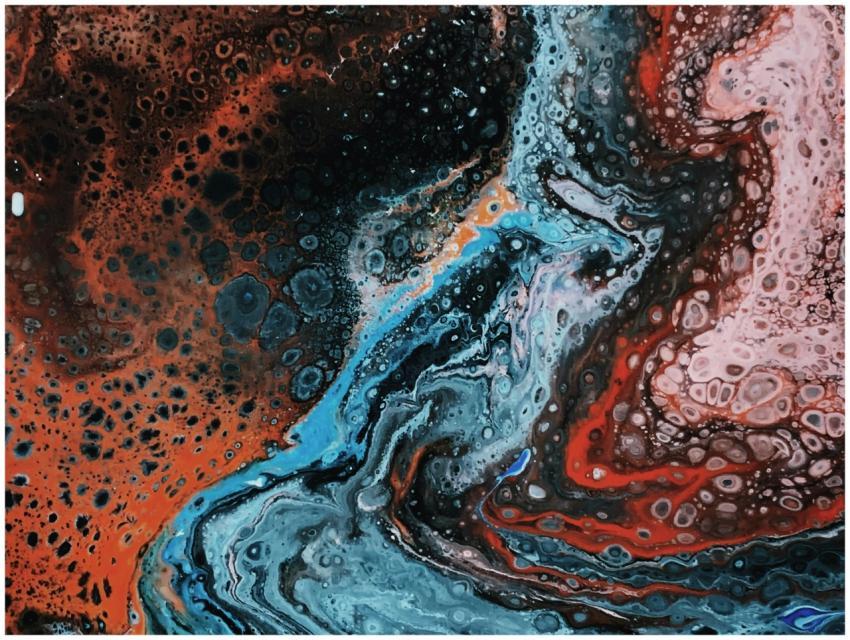 Fluid abstract painting featuring vibrant hues and