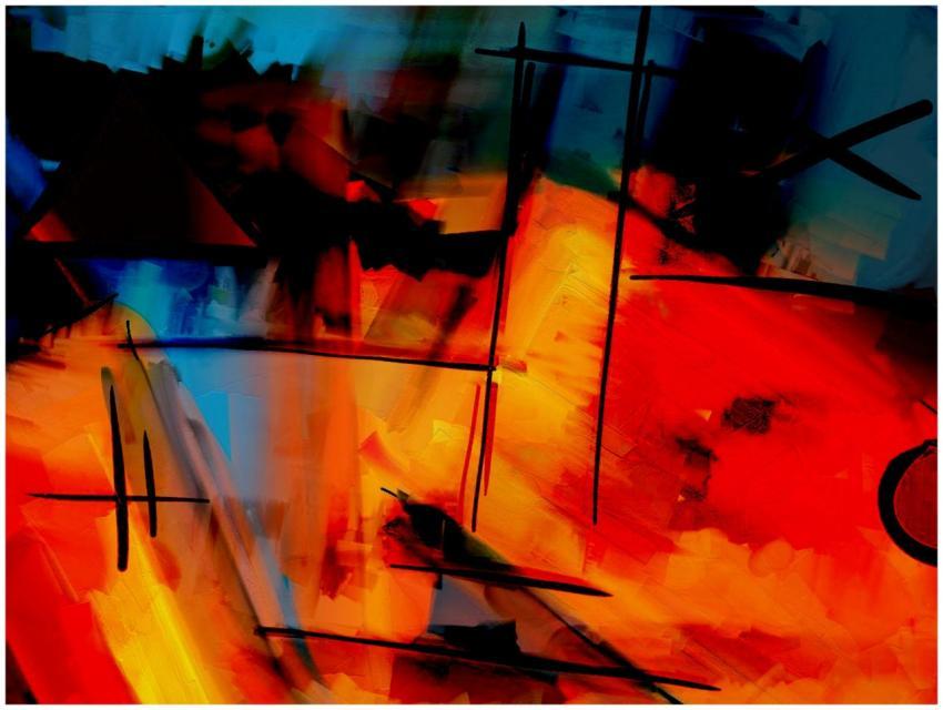 A colorful abstract painting with bold strokes and