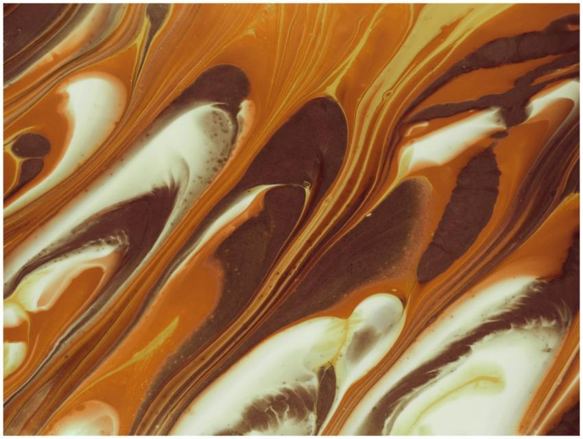 Abstract fluid art blending brown and white tones,