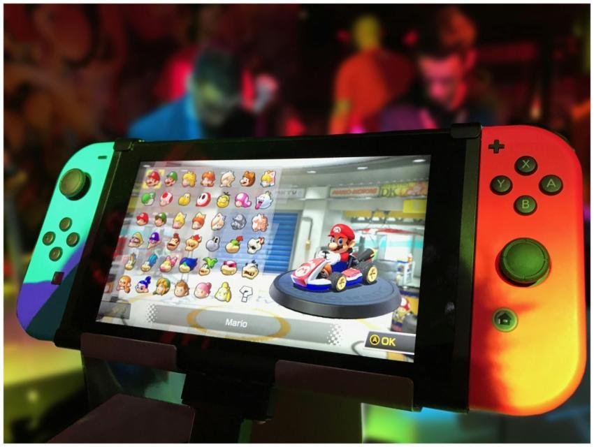 Close-up of a Nintendo Switch showing Mario Kart s