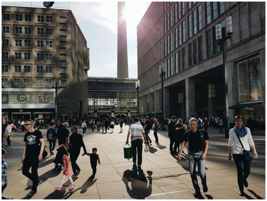 A busy shopping street in Berlin with pedestrians