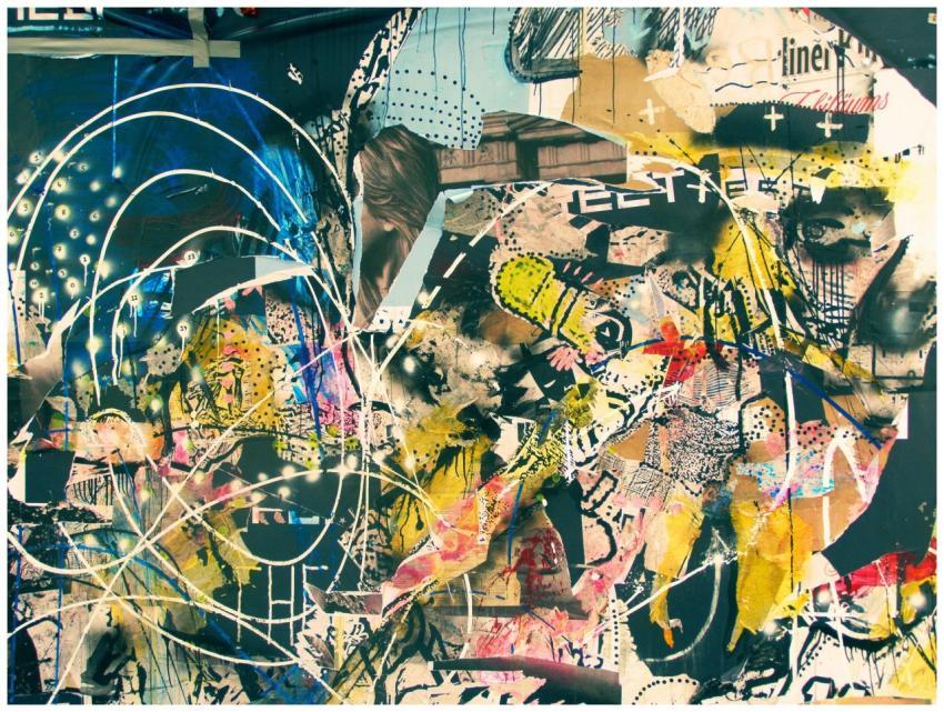 Dynamic collage featuring colorful graffiti and mi