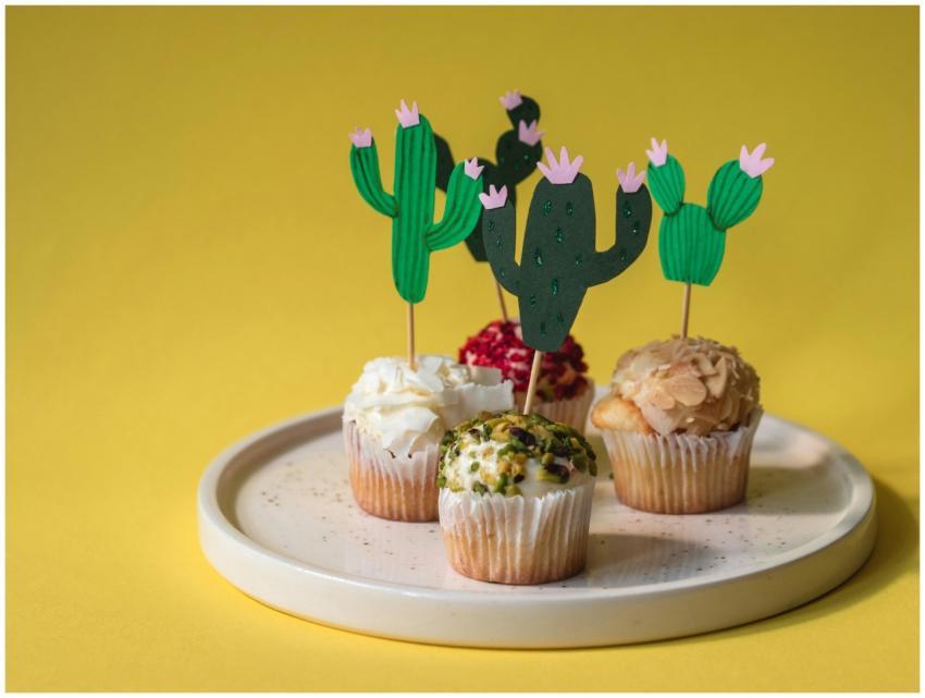 Vibrant cupcakes with cactus decorations set again