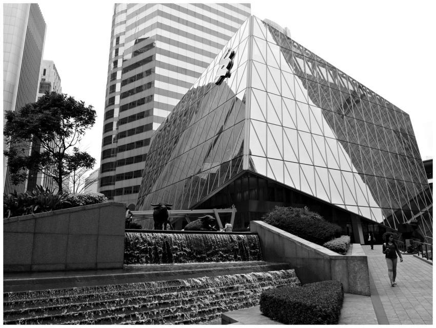 A contemporary black and white photo of a modern b