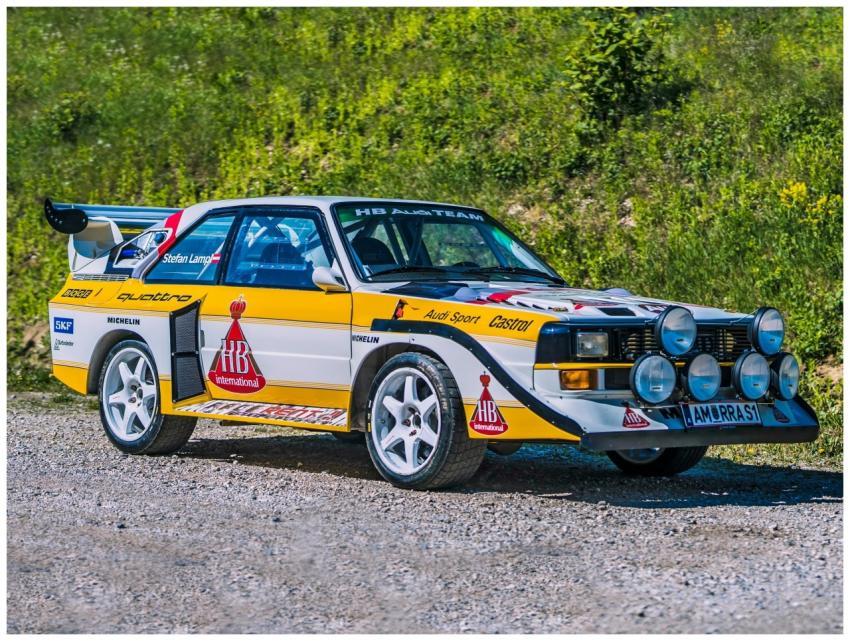 Side view of a historic Audi Sport Quattro S1 rall