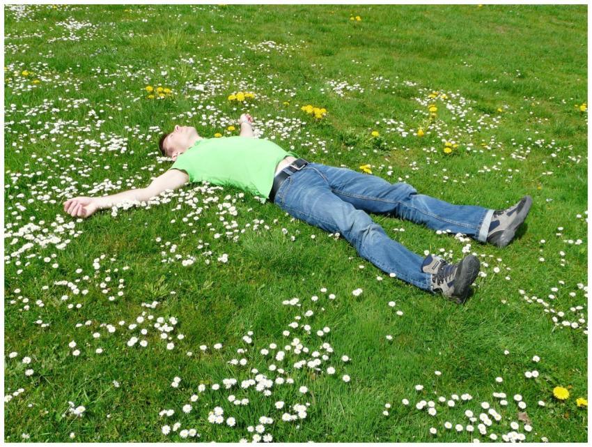 A man lies peacefully in a flowered meadow, embody