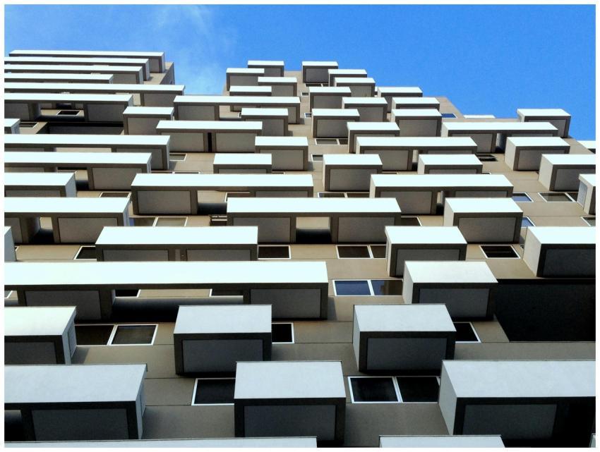 Low angle view of a modern building with geometric