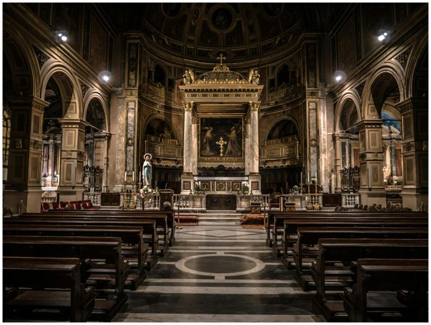 Interior view of a Gothic-style basilica in Rome,