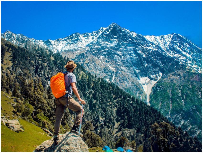 Man exploring breathtaking mountain scenery with s