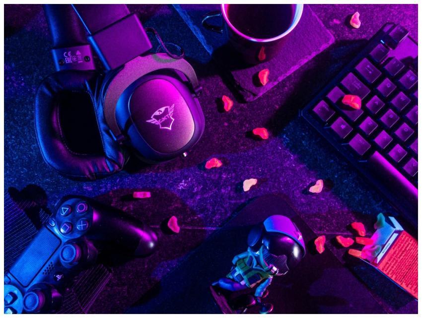 Colorful flat lay of gaming gear including headset