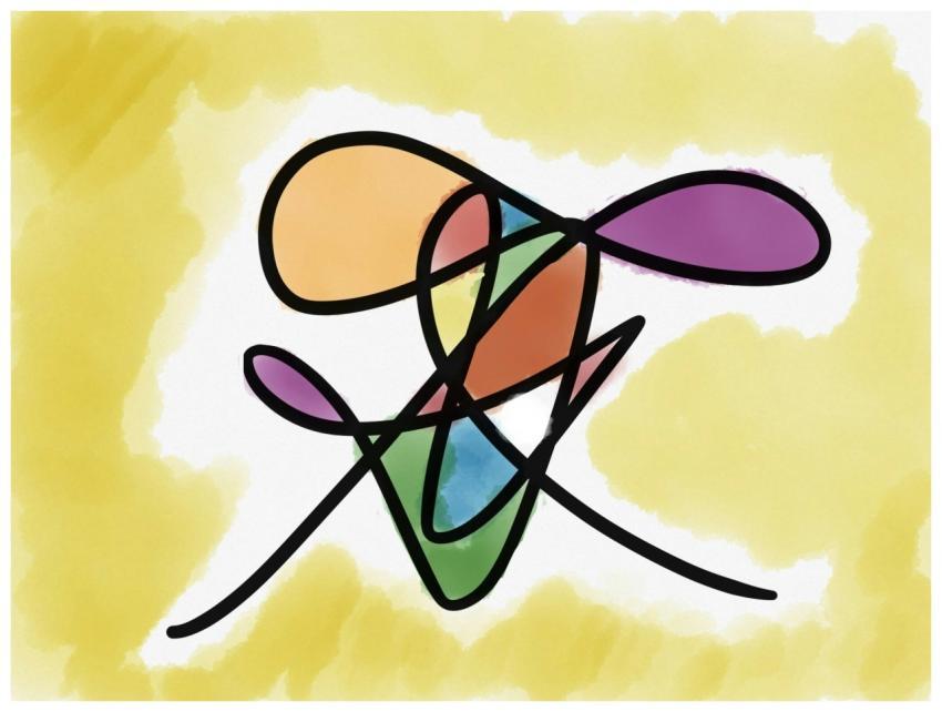 A vibrant abstract painting featuring intertwining