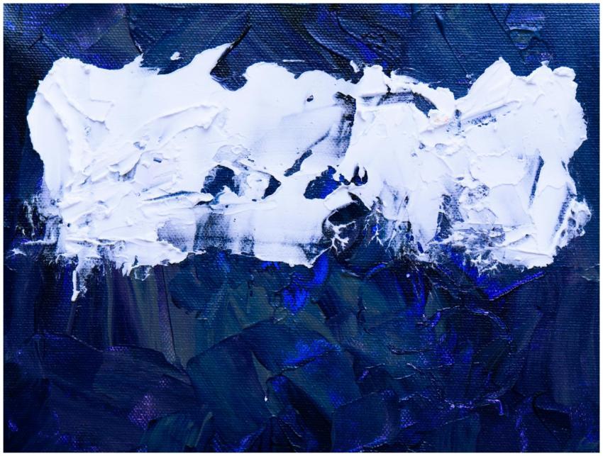 Vibrant abstract painting featuring bold blue and