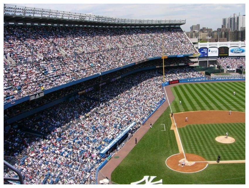 Aerial view of a crowded baseball stadium during a