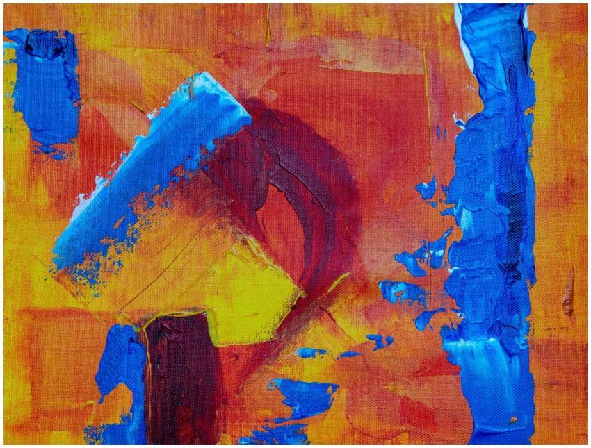 Colorful abstract painting with blue, red, and yel