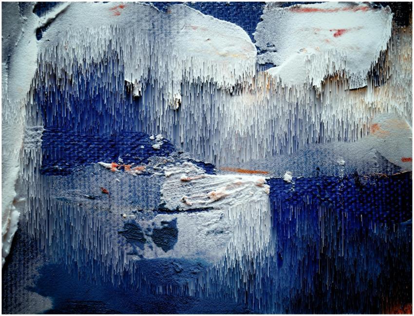 Intricate abstract artwork featuring blue and whit