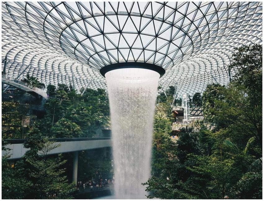 Stunning view of the indoor waterfall at Jewel Cha