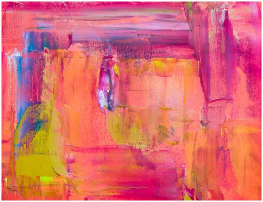 Vivid abstract painting with bold pink, yellow, an