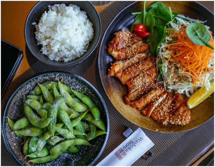 A beautifully presented Japanese meal featuring te