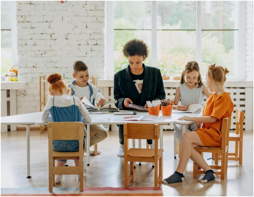 Children learning with a teacher around a table in