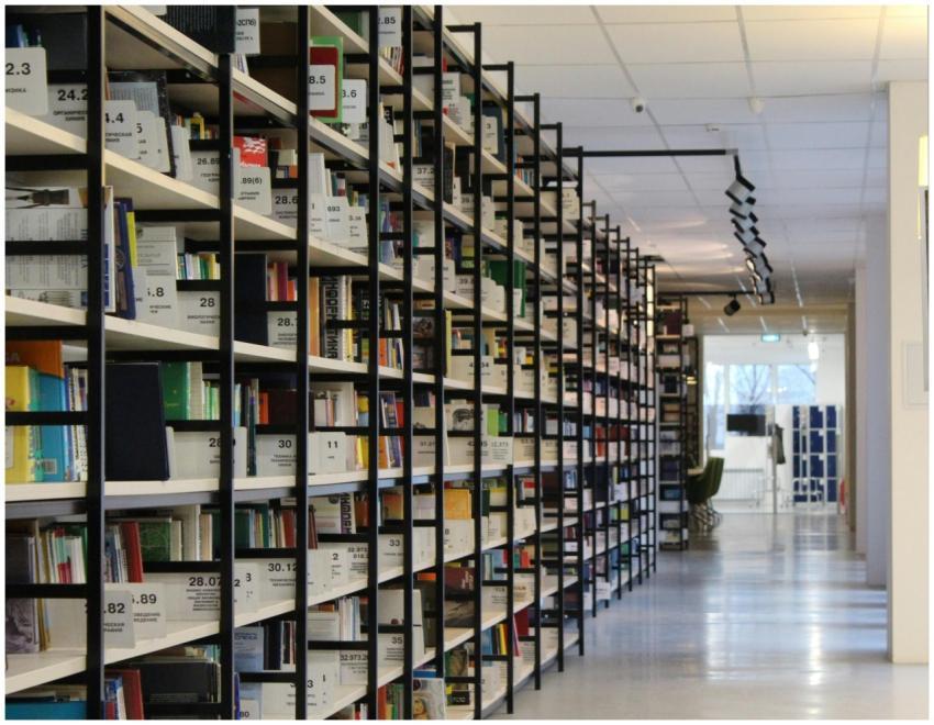 A spacious modern library with organized bookshelv